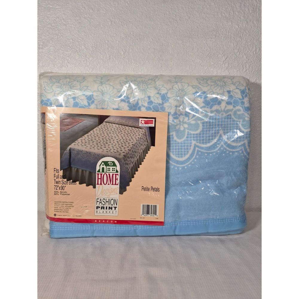 Vtg Beacon Home Designs Petite Petals Blanket Blue Floral 72x90 Full Twin NEW